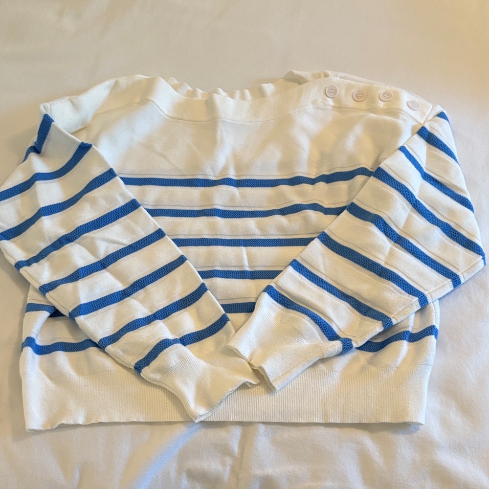 Blue and white striped boatneck sweater with button detail